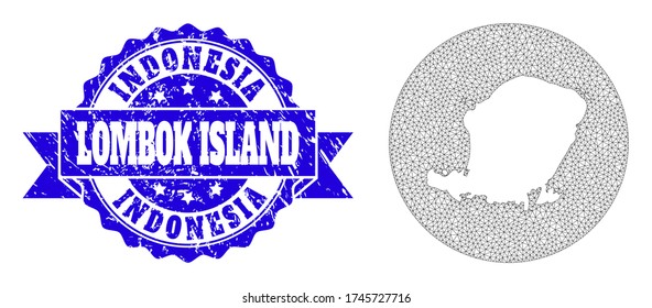 Mesh vector map of Lombok Island with grunge stamp. Triangular mesh map of Lombok Island is inverted in a round shape. Blue rosette grunge seal stamp with ribbon.