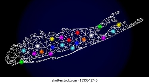 Mesh vector map of Long Island with glare effect on a dark background. Abstract lines, triangles, light colorful spots and points forms map of Long Island.