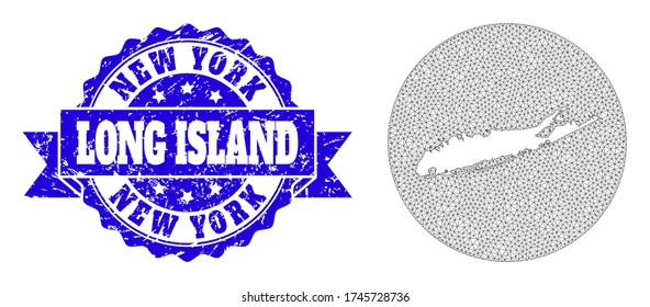 Mesh vector map of Long Island with grunge seal. Triangular mesh map of Long Island is carved in a circle. Blue rosette scratched seal with ribbon.