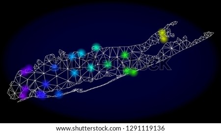 Mesh vector map of Long Island with glare effect on a dark background. Light spots have bright rainbow colors. Abstract lines, triangles, light spots and points forms map of Long Island.