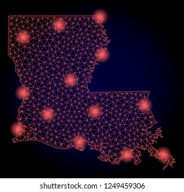 Mesh vector map of Louisiana State with glare effect. Red abstract lines, light spots and points on a dark background with map of Louisiana State.