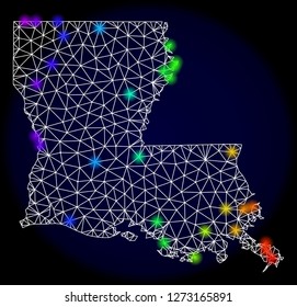 Mesh vector map of Louisiana State with glare effect. Light spots have bright rainbow colors. Abstract lines, triangles, light spots and points on a dark background with map of Louisiana State.