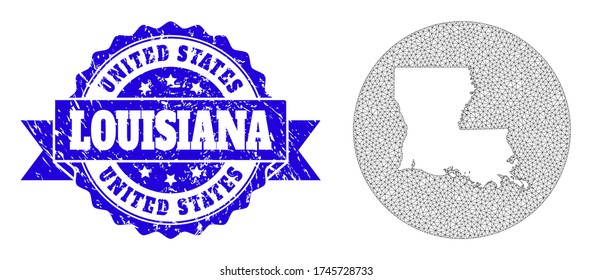 Mesh vector map of Louisiana State with scratched seal stamp. Triangular network map of Louisiana State is carved in a round shape. Blue round distress seal stamp with ribbon.