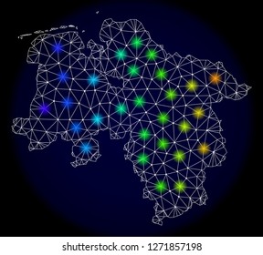 Mesh vector map of Lower Saxony Land with glare effect. Light spots have bright spectrum colors. Abstract lines, triangles, light spots and points on a dark background with map of Lower Saxony Land.
