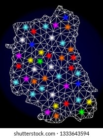 Mesh vector map of Lublin Province with glare effect on a dark background. Abstract lines, triangles, light colorful spots and points forms map of Lublin Province.