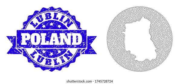 Mesh vector map of Lublin Province with scratched seal stamp. Triangular mesh map of Lublin Province is a hole in a circle. Blue rounded distress seal stamp with ribbon.