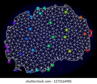 Mesh vector map of Macedonia with glare effect. Light spots have bright rainbow colors. Abstract lines, triangles, light spots and points on a dark background with map of Macedonia.