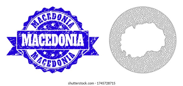 Mesh vector map of Macedonia with grunge seal stamp. Triangular mesh map of Macedonia is carved in a round shape. Blue round scratched seal stamp has ribbon.