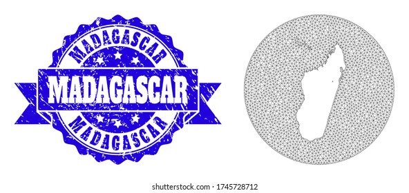 Mesh vector map of Madagascar Island with grunge seal. Triangular mesh map of Madagascar Island is inverted in a circle. Blue rounded grunge seal has ribbon.