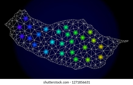 Mesh vector map of Madeira with glare effect. Light spots have bright spectrum colors. Abstract lines, triangles, light spots and points on a dark background with map of Madeira.