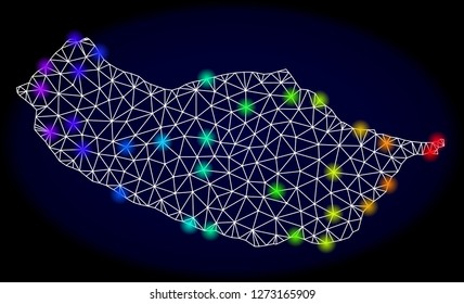 Mesh vector map of Madeira Island with glare effect. Light spots have bright spectrum colors. Abstract lines, triangles, light spots and points on a dark background with map of Madeira Island.