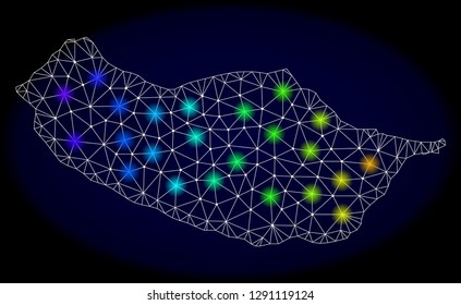 Mesh vector map of Madeira Island with glare effect on a dark background. Light spots have bright spectrum colors. Abstract lines, triangles, light spots and points forms map of Madeira Island.