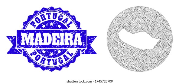 Mesh vector map of Madeira Island with scratched seal stamp. Triangular network map of Madeira Island is stencils in a round shape. Blue round distress seal stamp with ribbon.