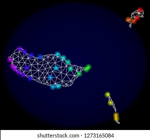 Mesh vector map of Madeira Islands with glare effect. Light spots have bright spectrum colors. Abstract lines, triangles, light spots and points on a dark background with map of Madeira Islands.