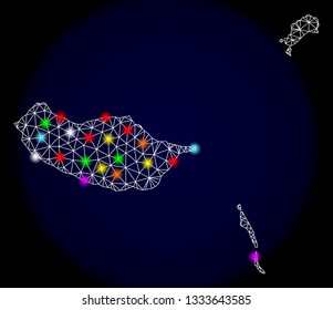 Mesh vector map of Madeira Islands with glare effect on a dark background. Abstract lines, triangles, light colorful spots and points forms map of Madeira Islands.