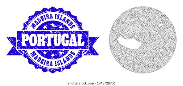 Mesh vector map of Madeira Islands with scratched seal stamp. Triangle net map of Madeira Islands is carved in a round shape. Blue rounded distress seal stamp with ribbon.