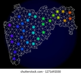 Mesh vector map of Maharashtra State with glare effect. Light spots have bright spectrum colors. Abstract lines, triangles, light spots and points on a dark background with map of Maharashtra State.
