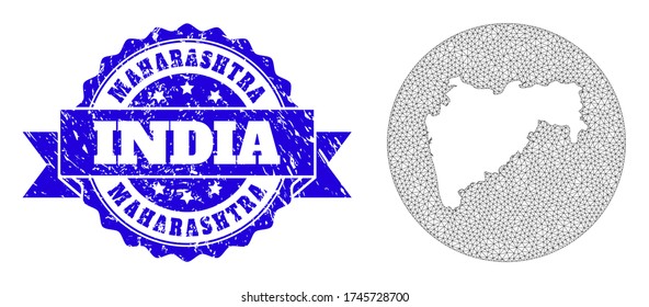 Mesh vector map of Maharashtra State with grunge watermark. Triangular mesh map of Maharashtra State is a hole in a round shape. Blue rounded grunge seal with ribbon.