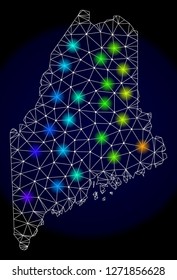 Mesh vector map of Maine Land with glare effect. Light spots have bright spectrum colors. Abstract lines, triangles, light spots and points on a dark background with map of Maine Land.