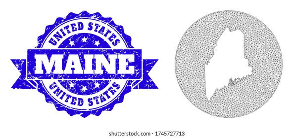 Mesh vector map of Maine State with scratched seal. Triangle net map of Maine State is stencils in a round shape. Blue round textured seal with ribbon.