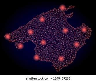 Mesh vector map of Majorca with glare effect. Red abstract lines, light spots and points on a dark background with map of Majorca.