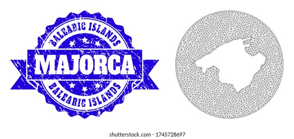 Mesh vector map of Majorca with grunge seal stamp. Triangle mesh map of Majorca is subtracted from a round shape. Blue round scratched stamp with ribbon.