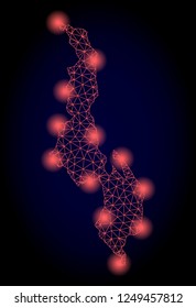 Mesh vector map of Malawi with glare effect. Red abstract lines, light spots and points on a dark background with map of Malawi.