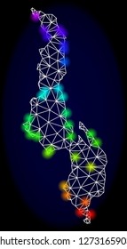 Mesh vector map of Malawi with glare effect. Light spots have bright spectrum colors. Abstract lines, triangles, light spots and points on a dark background with map of Malawi.
