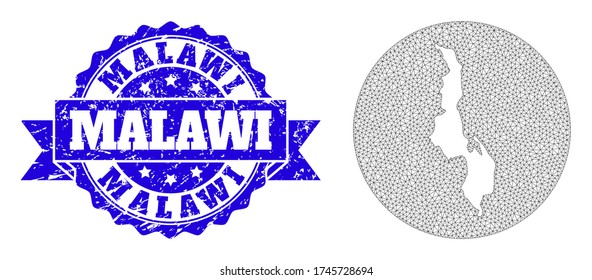 Mesh vector map of Malawi with grunge seal stamp. Triangular net map of Malawi is a hole in a round shape. Blue rosette grunge seal stamp has ribbon.