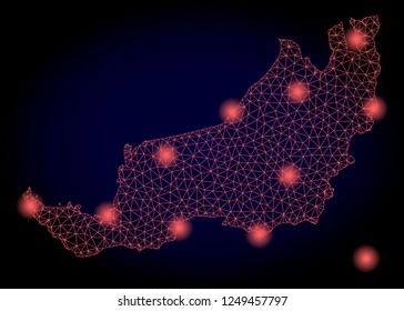 Mesh vector map of Malaysian Sarawak with glare effect. Red abstract lines, light spots and points on a dark background with map of Malaysian Sarawak.
