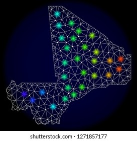 Mesh vector map of Mali with glare effect. Light spots have bright spectrum colors. Abstract lines, triangles, light spots and points on a dark background with map of Mali.