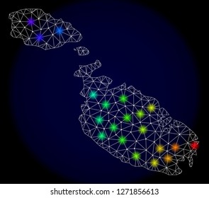 Mesh vector map of Malta with glare effect. Light spots have bright spectrum colors. Abstract lines, triangles, light spots and points on a dark background with map of Malta.