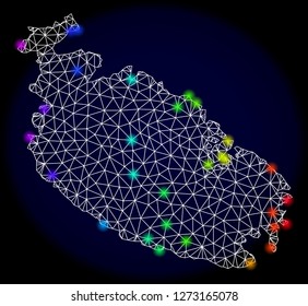 Mesh vector map of Malta Island with glare effect. Light spots have bright spectrum colors. Abstract lines, triangles, light spots and points on a dark background with map of Malta Island.