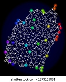 Mesh vector map of Manipur State with glare effect. Light spots have bright rainbow colors. Abstract lines, triangles, light spots and points on a dark background with map of Manipur State.