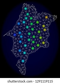 Mesh vector map of Maranhao State with glare effect on a dark background. Light spots have bright rainbow colors. Abstract lines, triangles, light spots and points forms map of Maranhao State.