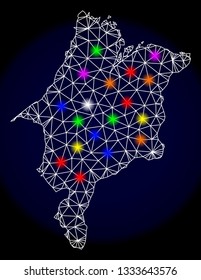 Mesh vector map of Maranhao State with glare effect on a dark background. Abstract lines, triangles, light colorful spots and points forms map of Maranhao State.