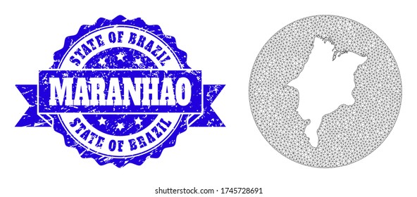 Mesh vector map of Maranhao State with grunge watermark. Triangle mesh map of Maranhao State is subtracted from a circle. Blue round scratched watermark with ribbon.