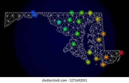 Mesh vector map of Maryland State with glare effect. Light spots have bright spectrum colors. Abstract lines, triangles, light spots and points on a dark background with map of Maryland State.