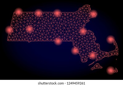 Mesh vector map of Massachusetts State with glare effect. Red abstract lines, light spots and points on a dark background with map of Massachusetts State.