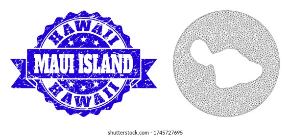 Mesh vector map of Maui Island with grunge seal. Triangle mesh map of Maui Island is cut out from a circle. Blue round grunge watermark with ribbon.