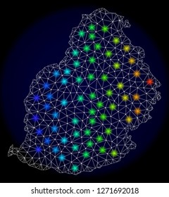 Mesh vector map of Mauritius Island with glare effect. Light spots have bright spectrum colors. Abstract lines, triangles, light spots and points on a dark background with map of Mauritius Island.