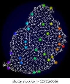 Mesh vector map of Mauritius Island with glare effect. Light spots have bright rainbow colors. Abstract lines, triangles, light spots and points on a dark background with map of Mauritius Island.
