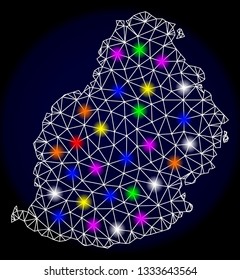 Mesh vector map of Mauritius Island with glare effect on a dark background. Abstract lines, triangles, light colorful spots and points forms map of Mauritius Island.