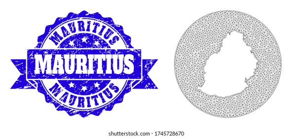 Mesh vector map of Mauritius Island with grunge seal stamp. Triangular mesh map of Mauritius Island is a hole in a circle. Blue rounded grunge stamp has ribbon.