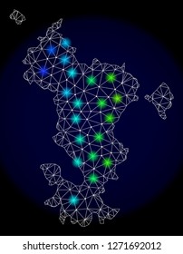 Mesh vector map of Mayotte Island with glare effect. Light spots have bright spectrum colors. Abstract lines, triangles, light spots and points on a dark background with map of Mayotte Island.