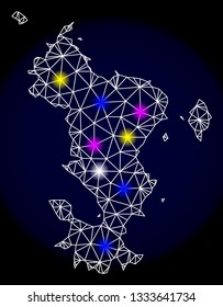 Mesh vector map of Mayotte Islands with glare effect on a dark background. Abstract lines, triangles, light colorful spots and points forms map of Mayotte Islands.