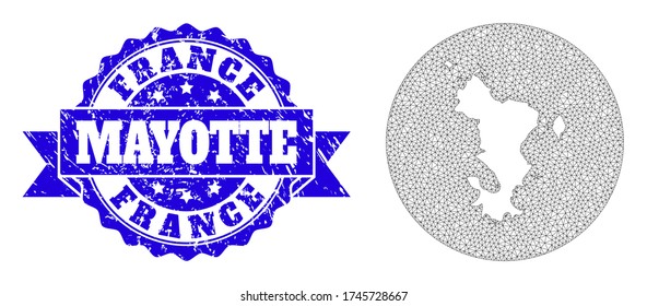 Mesh vector map of Mayotte Islands with grunge stamp. Triangle network map of Mayotte Islands is a hole in a round shape. Blue round grunge seal has ribbon.