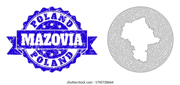 Mesh vector map of Mazovia Province with scratched seal stamp. Triangular net map of Mazovia Province is carved in a round shape. Blue round textured seal stamp with ribbon.
