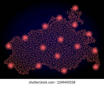 Mesh vector map of Mecklenburg-Vorpommern State with glare effect. Red abstract lines, light spots and points on a dark background with map of Mecklenburg-Vorpommern State.