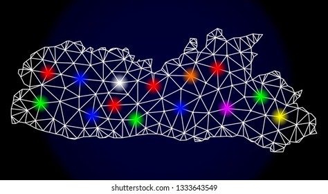 Mesh vector map of Meghalaya State with glare effect on a dark background. Abstract lines, triangles, light colorful spots and points forms map of Meghalaya State.